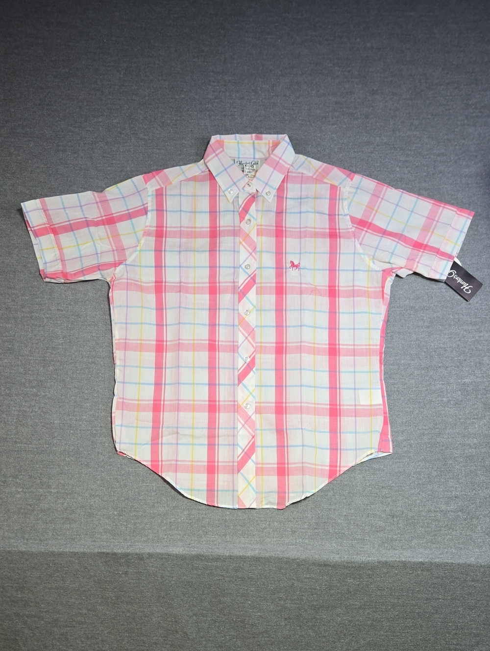 Vintage 80s Hunter's Glen Deadstock Pink Plaid Button Down Shirt NWT Size 14